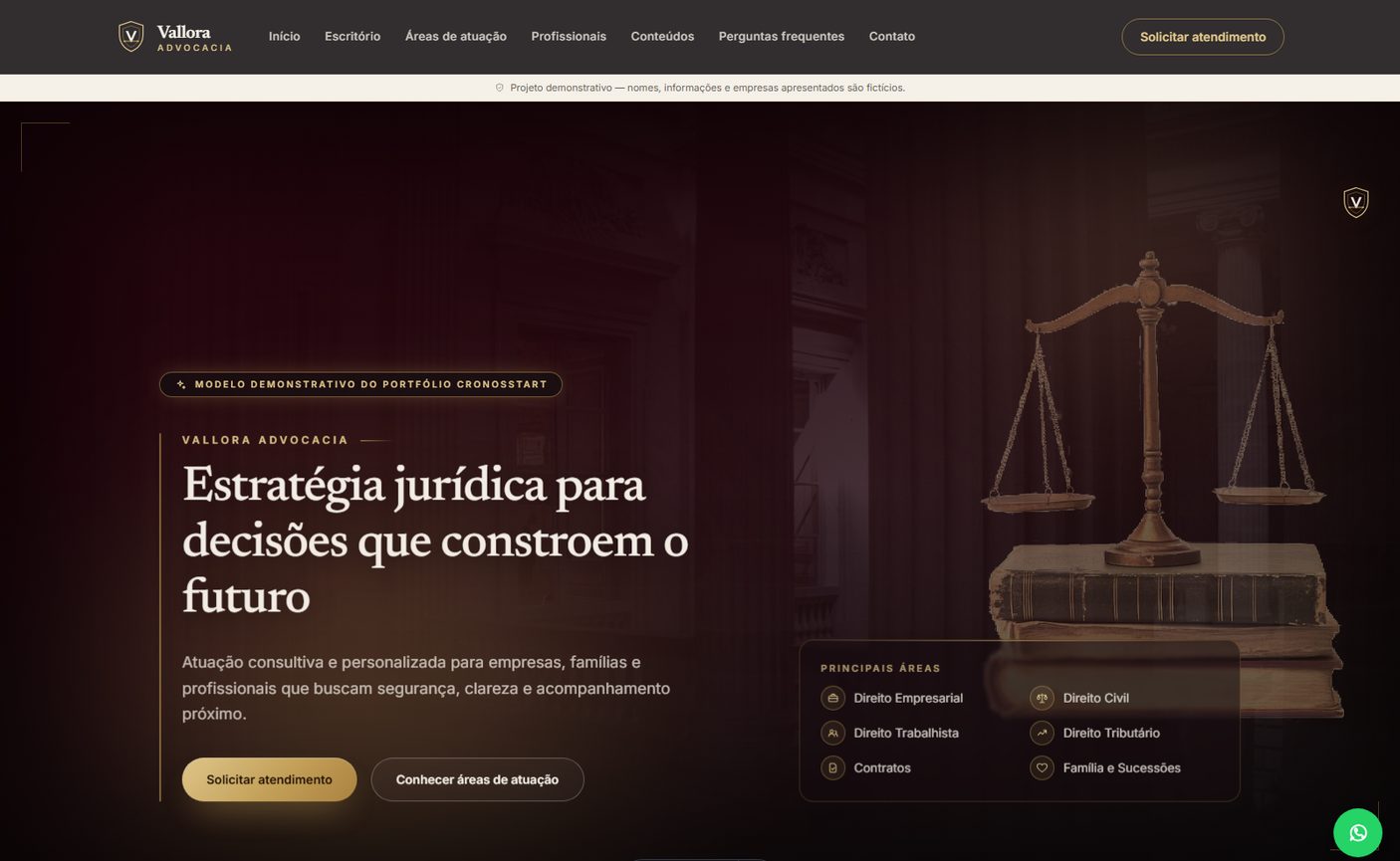 Captura real de la demostración Vallora Advocacia